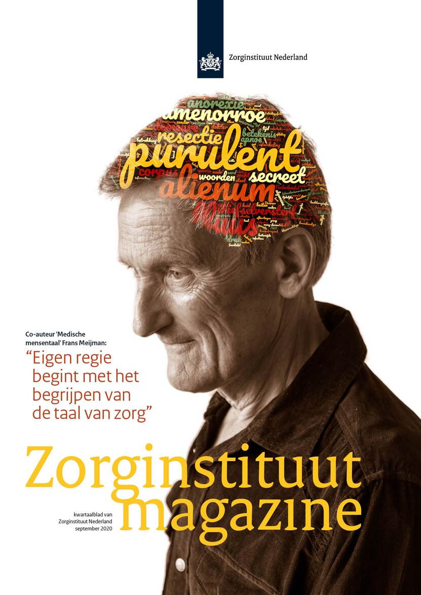 De foto toont het voorblad van het Zorginstituut Magazine september 2020 met Frans Meijman en ingewikkelde zorgwoorden