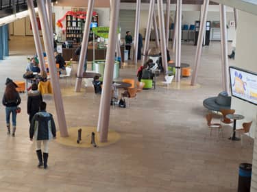 De foto toont een hal met mensen