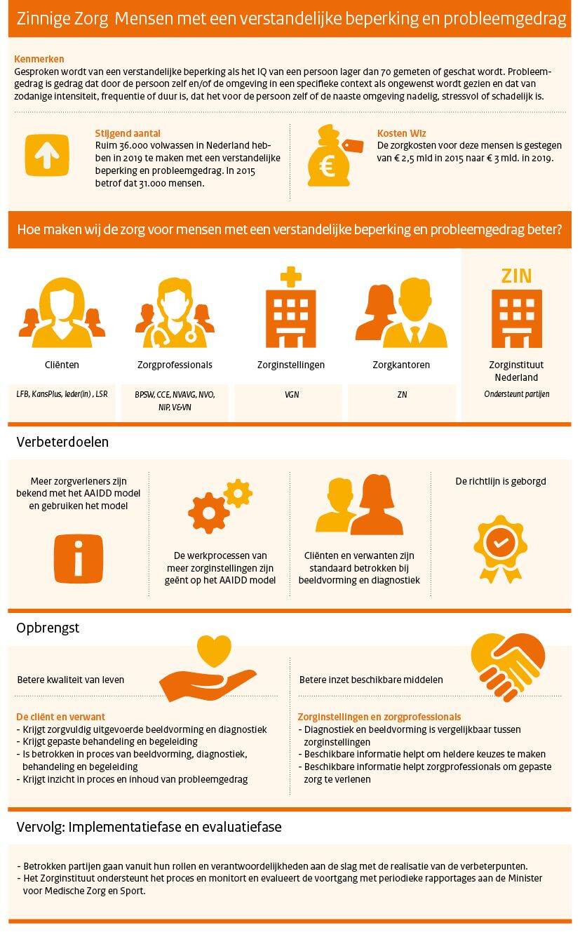 De infographic toont de samenvatting van het 'Verbetersignalement Mensen met een verstandelijke beperking en probleemgedrag’.