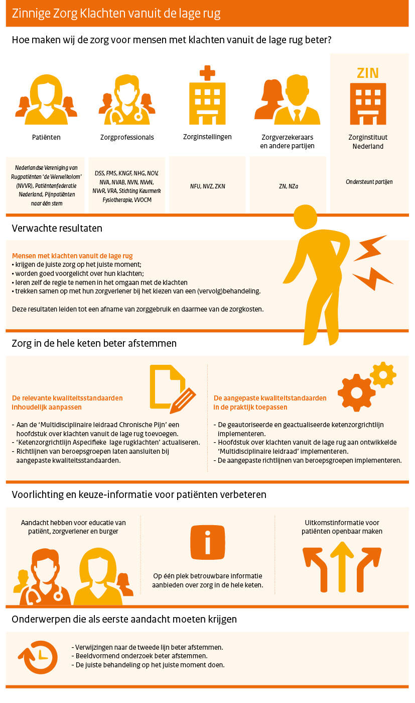 Deze afbeelding brengt de belangrijkste waarnemingen uit het Verbetersignalement Klachten vanuit de lage rug in beeld.