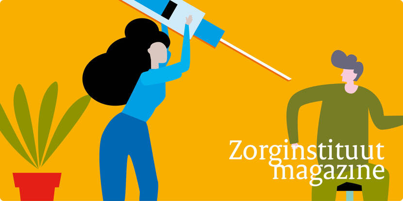 Illustratie van een vrouw die een man een vaccinatie-injectie geeft met een hele grote spuit