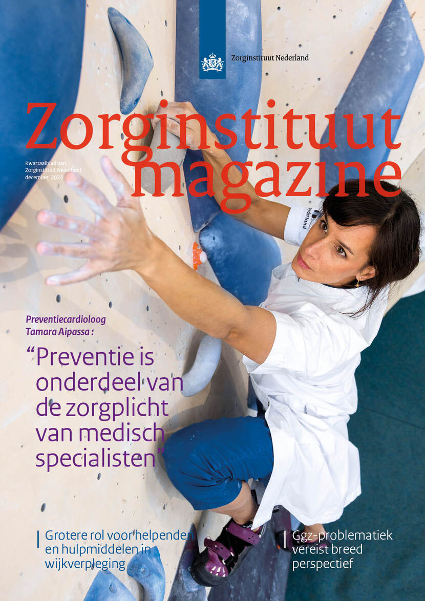 De omslag van het Zorginstituut Magazine december 2023 toont een vrouwelijke arts op een klimwand