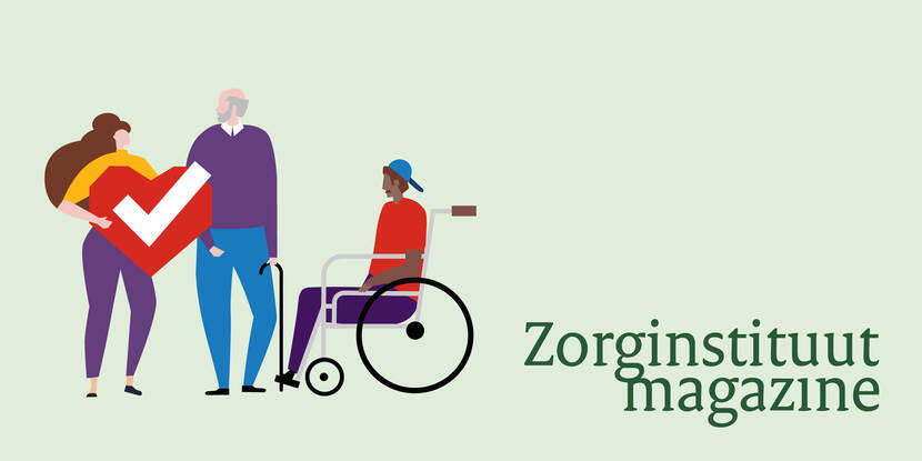 Illustraties van een vrouw die een hart met vinkje vasthoudt, oude man met stok en jongen in rolstoel