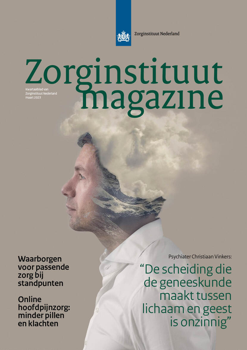 Cover magazine Zorginstituut maart 2023 met psychiater Christiaan Vinkers met wolken rondom zijn hoofd