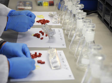 De foto toont medewerkers van een laboratorium die werken met medicijnen