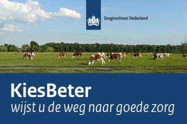 Op de KiesBeter banner is het logo van het Zorginstituut, een foto van een weiland met koeien en de tekst Wijst u de weg naar goede zorg te zien.