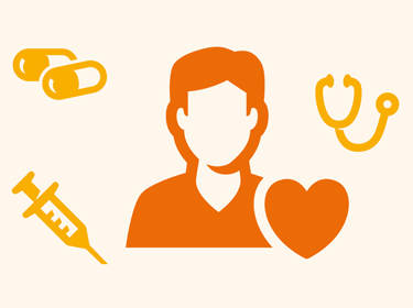 De illustratie toont in het midden een persoon. Rechtsonder staat een hart,  rechtsboven een stethoscoop, linksboven twee capsulepillen en rechtsonder een injectiespuit.