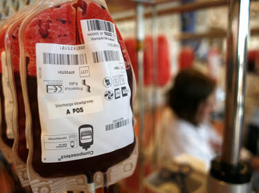 De foto toont zakken met bloed die bijvoorbeeld bij bloedtransfusies worden gebruikt