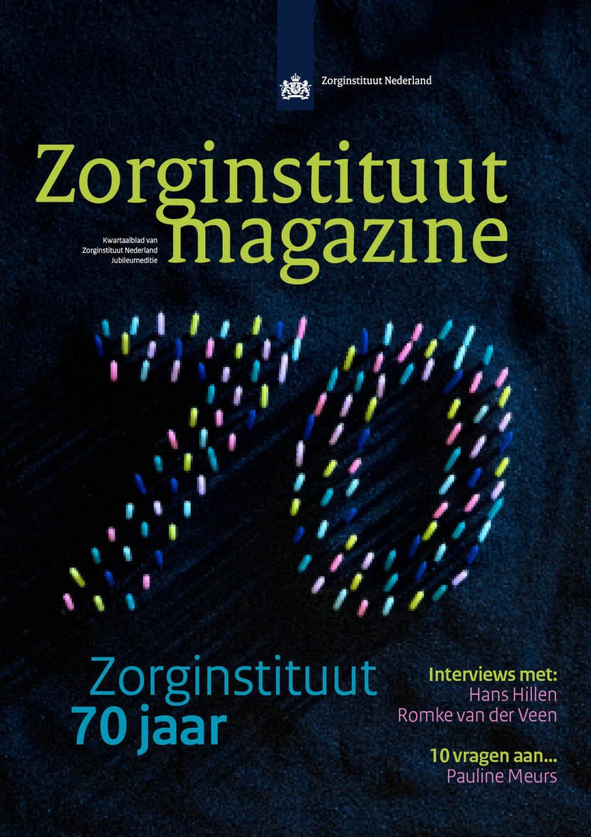De foto toont het voorblad Zorginstituut Magazine - 70 jaar Zorginstituut