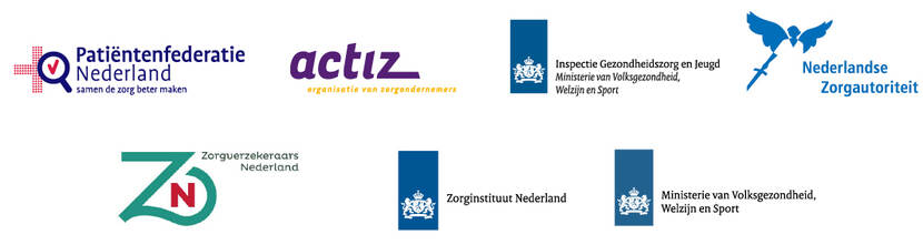 De foto toont KIK-V logo's van de ketenpartijen: Patiënten federatie Nederland, Actiz, Inspectie Gezondheidszorg en Jeugd, Nederlandse Zorgautoriteit, Zorgverzekeraars Nederland, Zorginstituut Nederland en Ministerie van Volksgezondheid, welzijn en sport