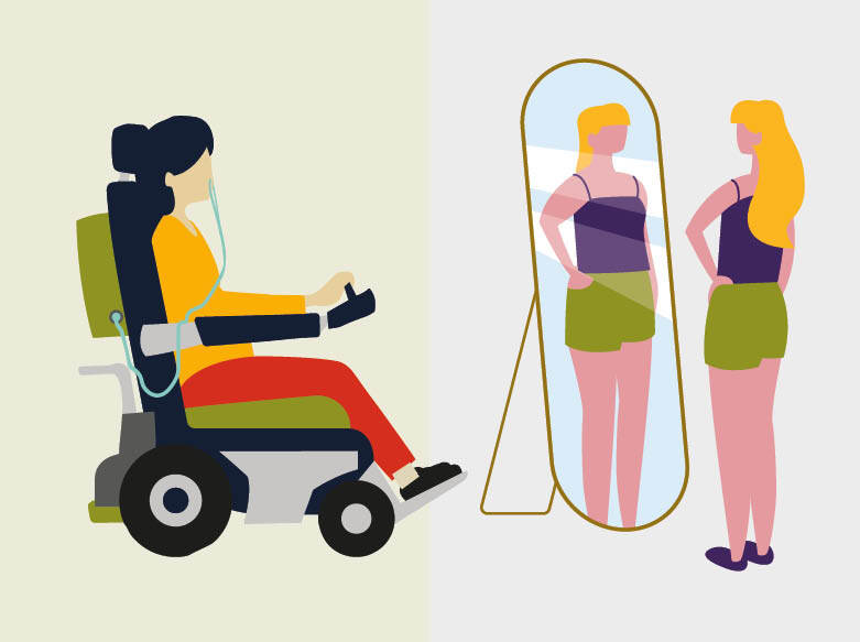 De foto toont een illustratie van een vrouw in een rolstoel en een vrouw die zichzelf bekijkt in de spiegel