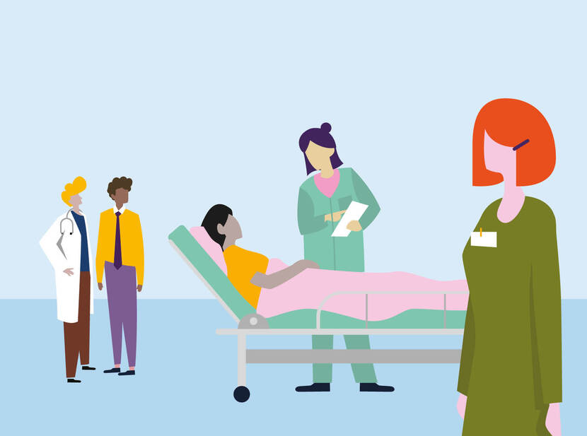 Illustratie van verschillende zorgverleners rond een patiënt in een ziekenhuisbed.